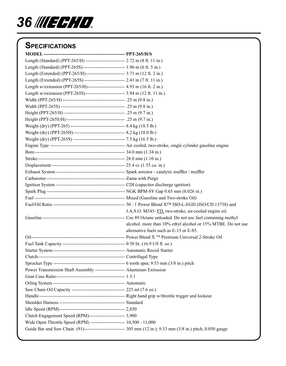 Storage | Echo PPT-265S User Manual | Page 36 / 40