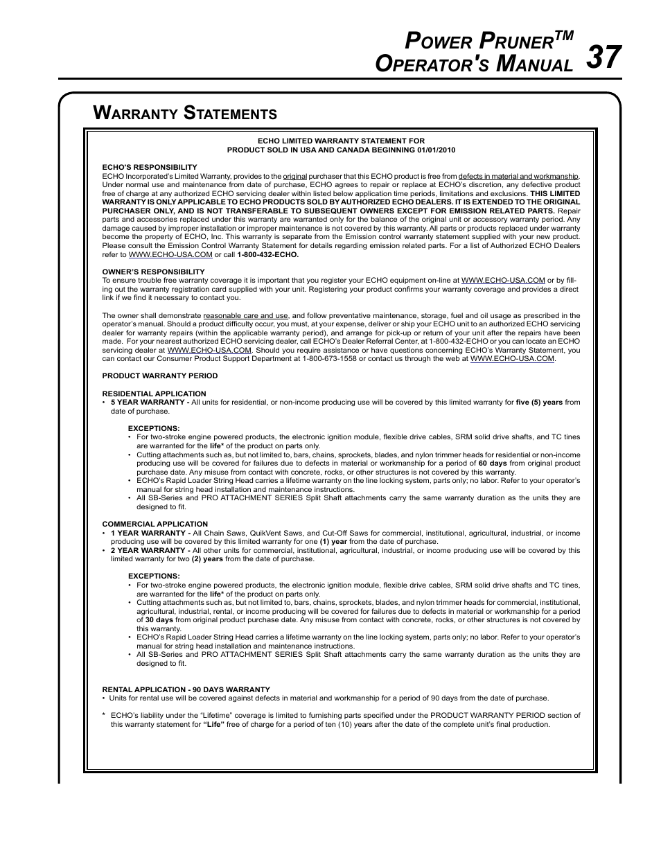 Specifications, Ower, Runer | Perator, Anual, Arranty, Tatements | Echo PPT-265S User Manual | Page 37 / 40