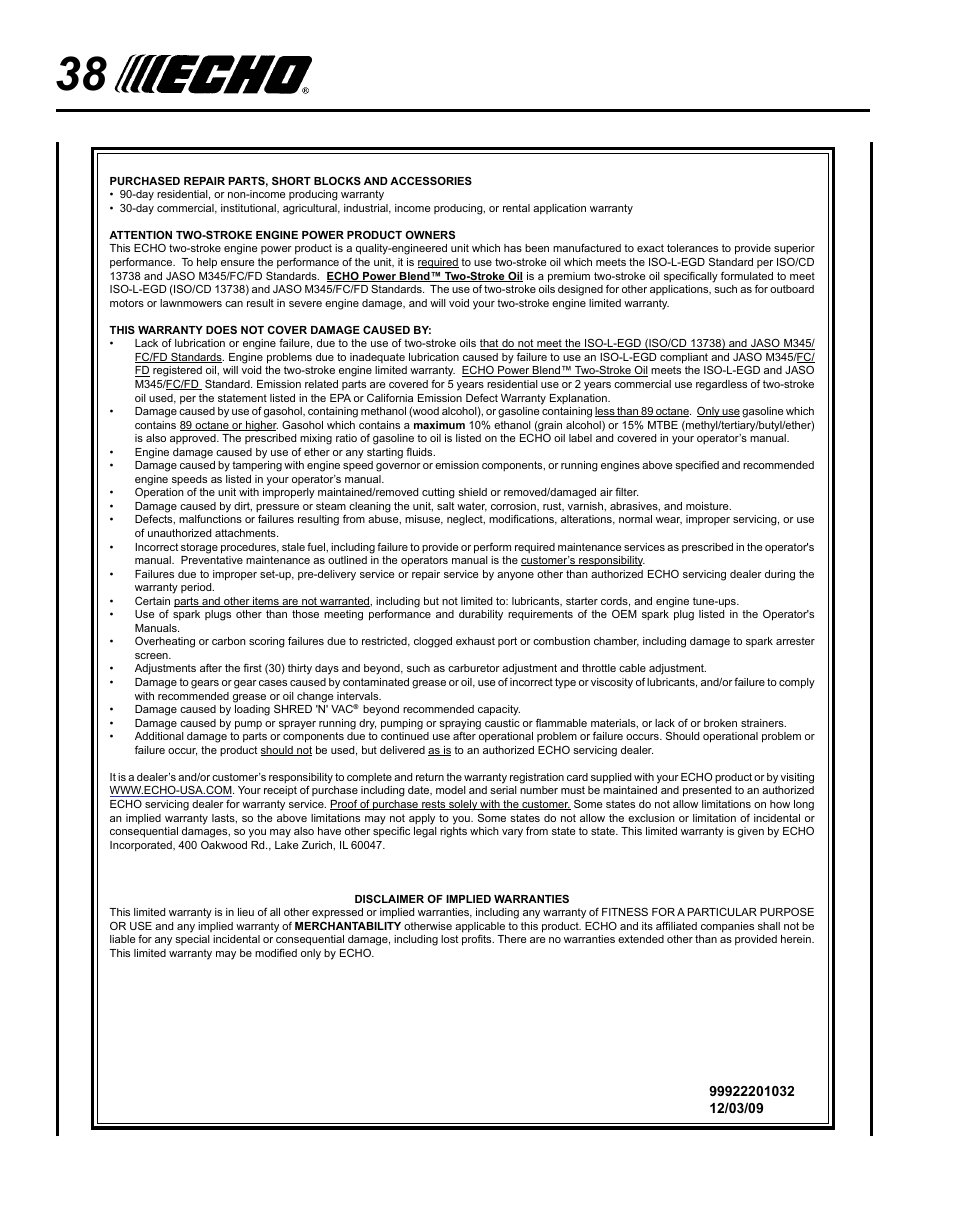 Warranty statements | Echo PPT-265S User Manual | Page 38 / 40