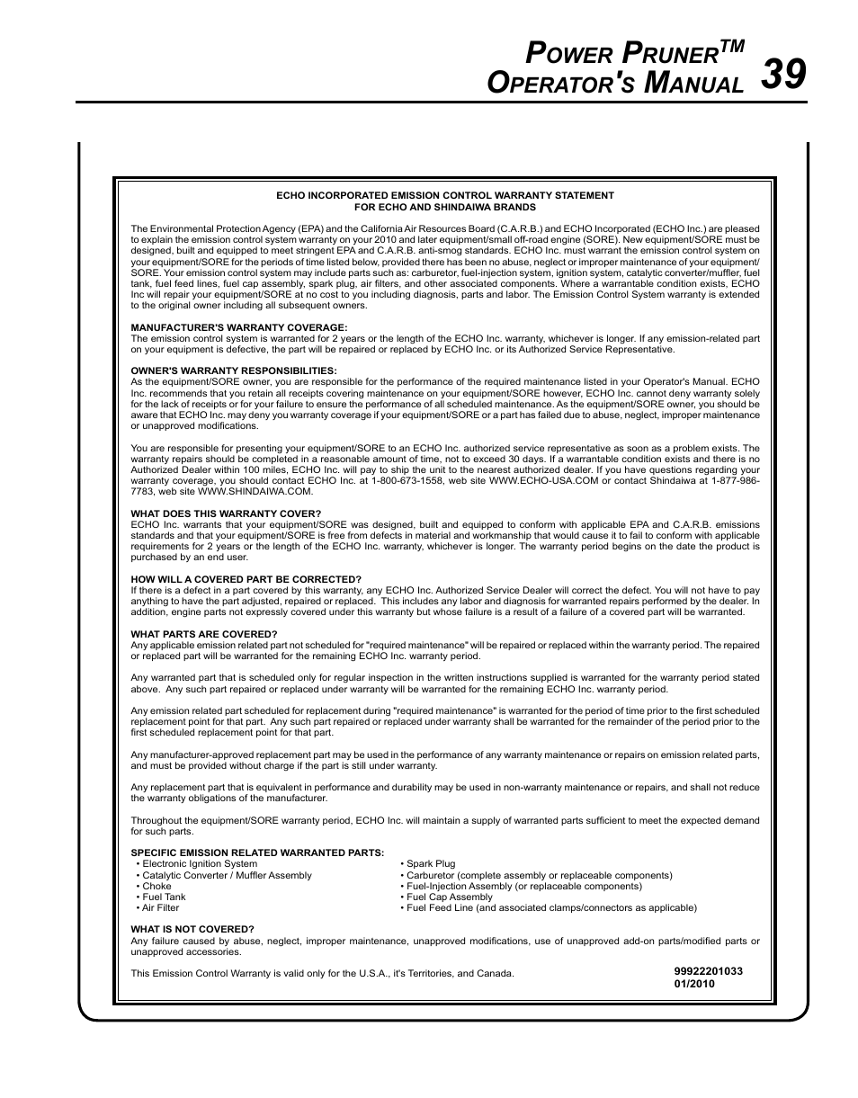 Ower, Runer, Perator | Anual | Echo PPT-265S User Manual | Page 39 / 40