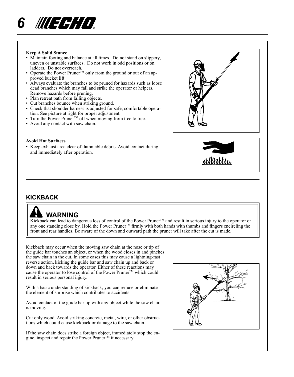 Warning, Kickback | Echo PPT-265S User Manual | Page 6 / 40