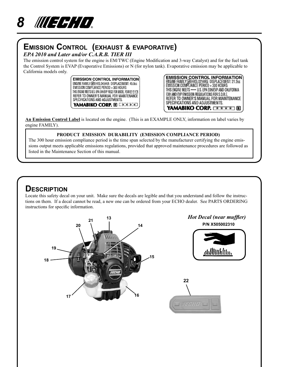 Emission control (exhaust & evaporative), Description | Echo PPT-265S User Manual | Page 8 / 40