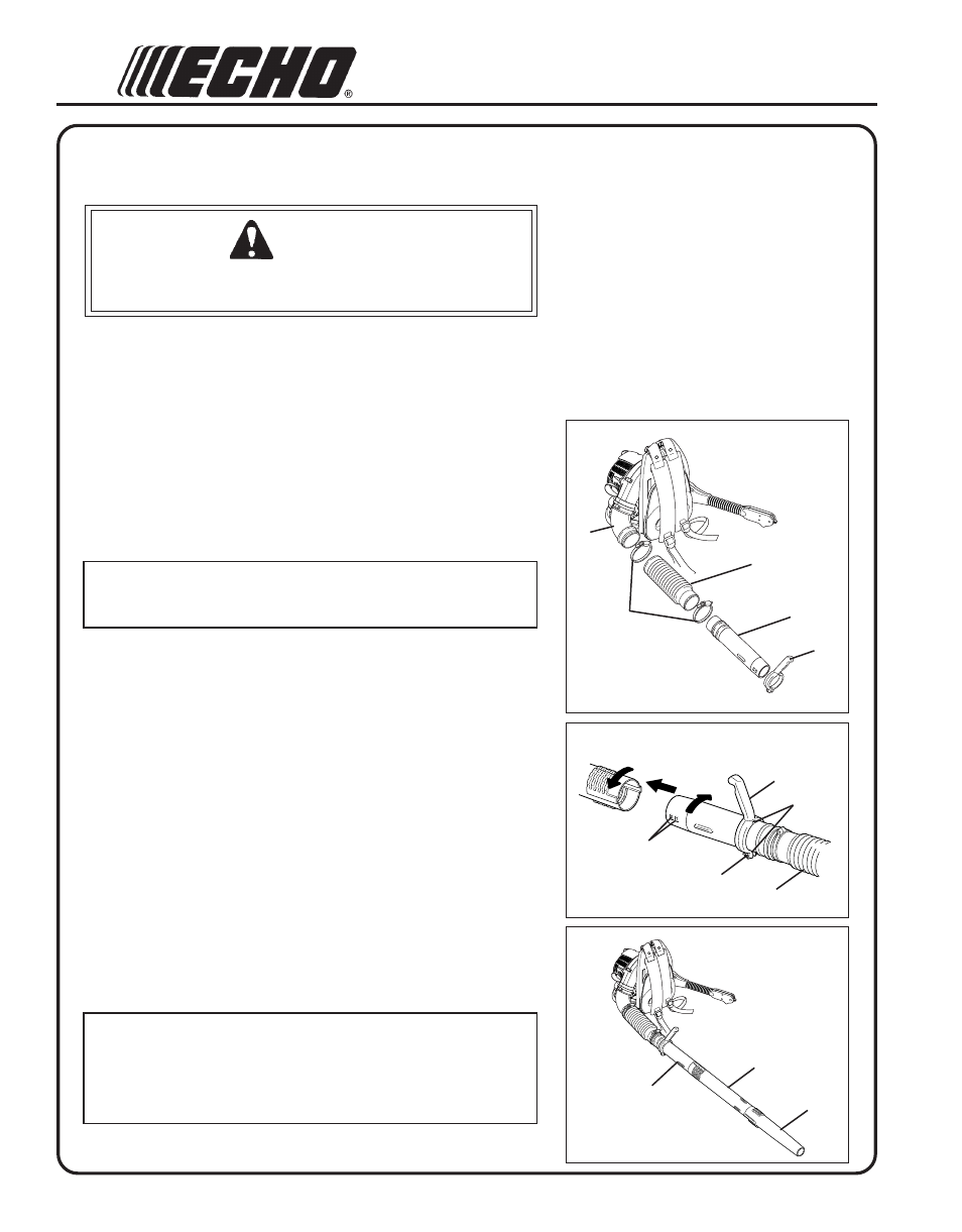 Assembly, Install blower pipes / stick handle, Warning | Echo PB-265L User Manual | Page 10 / 24