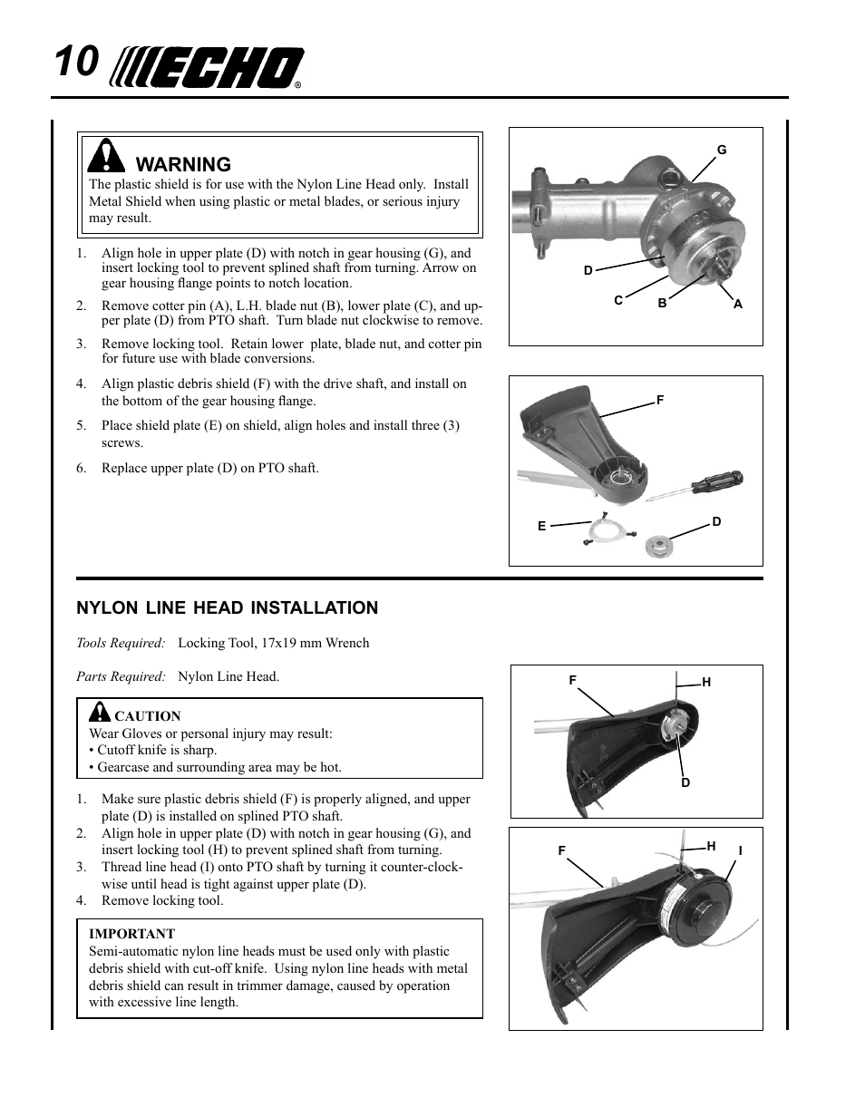 Nylon line head installation, Warning | Echo SRM - 265U User Manual | Page 10 / 36