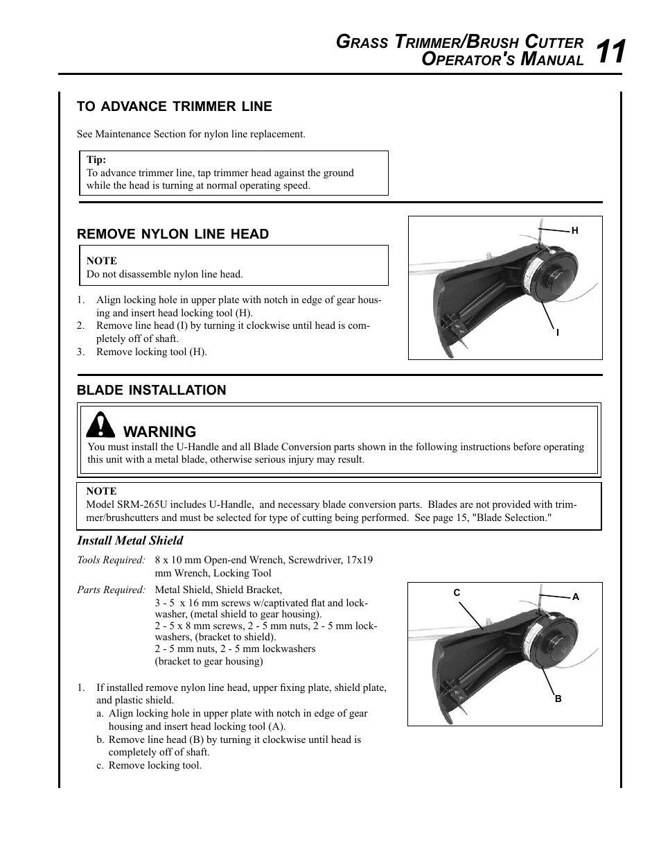 To advance trimmer line, Remove nylon line head, Blade installation | Echo SRM - 265U User Manual | Page 11 / 36