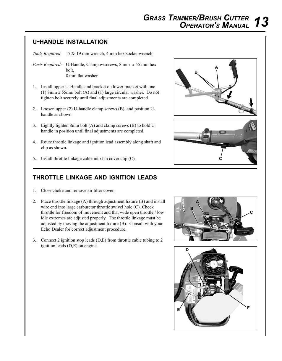 U-handle installation, Throttle linkage and ignition leads | Echo SRM - 265U User Manual | Page 13 / 36