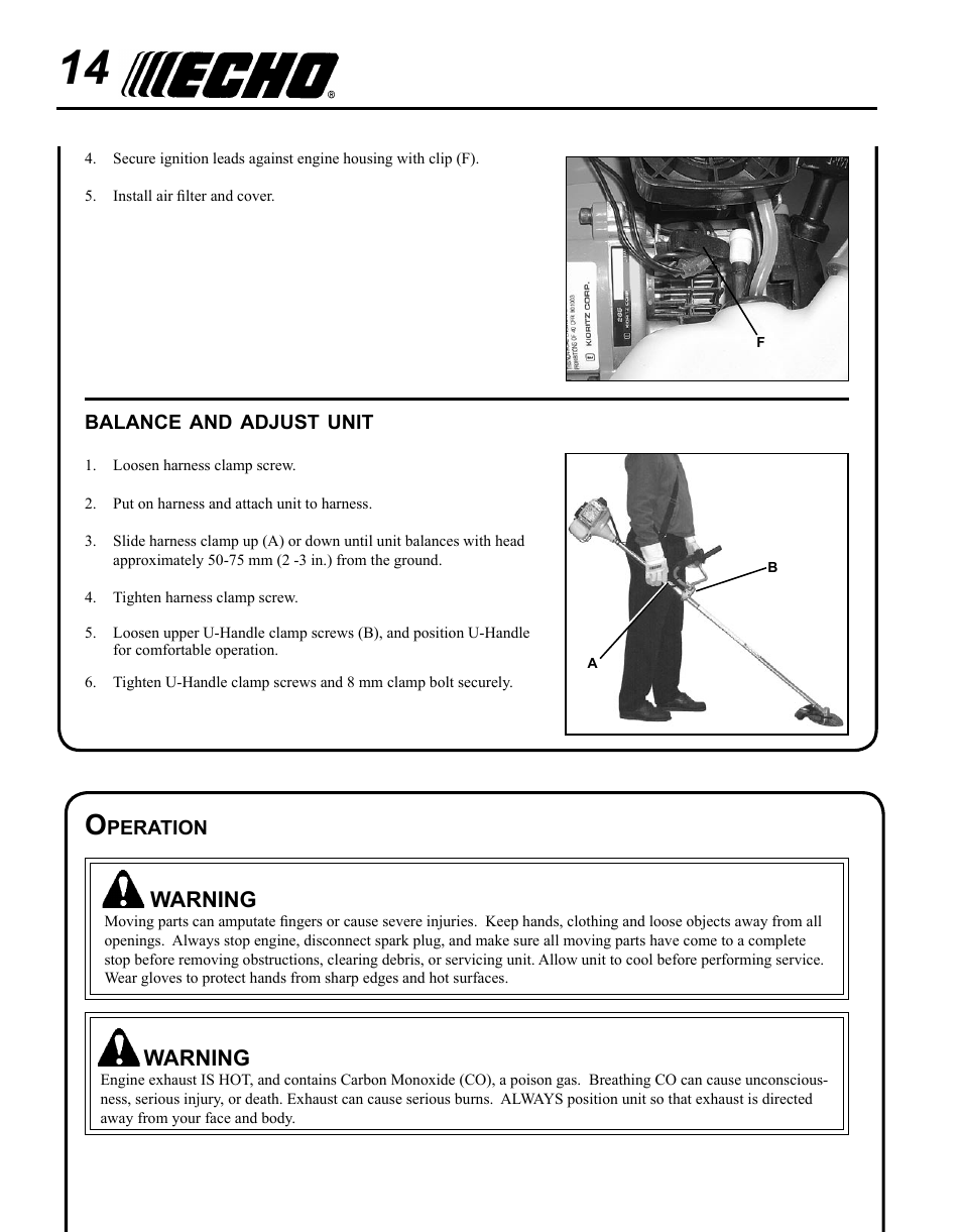 Balance and adjust unit, Operation | Echo SRM - 265U User Manual | Page 14 / 36