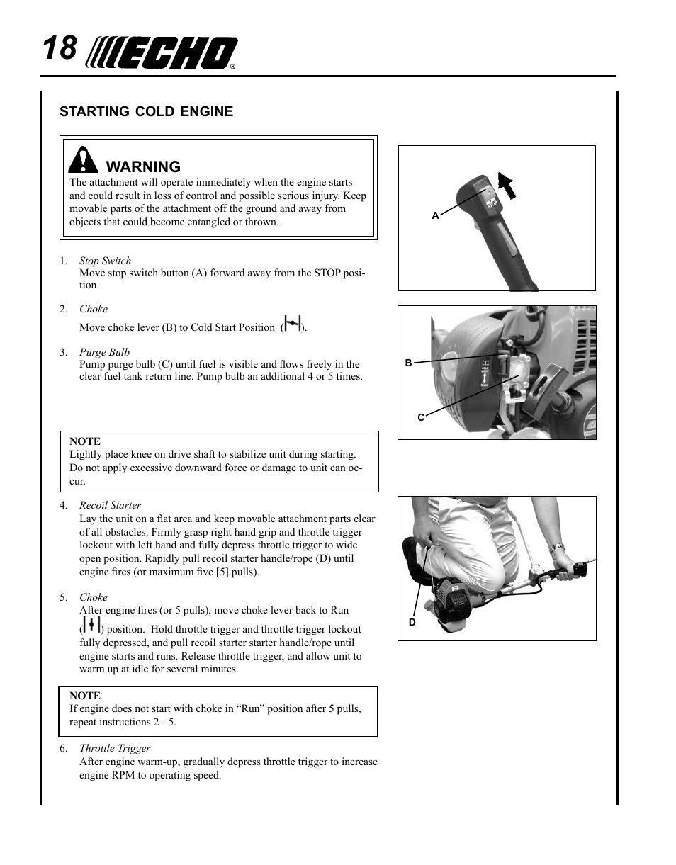 Starting cold engine, Warning | Echo SRM - 265U User Manual | Page 18 / 36