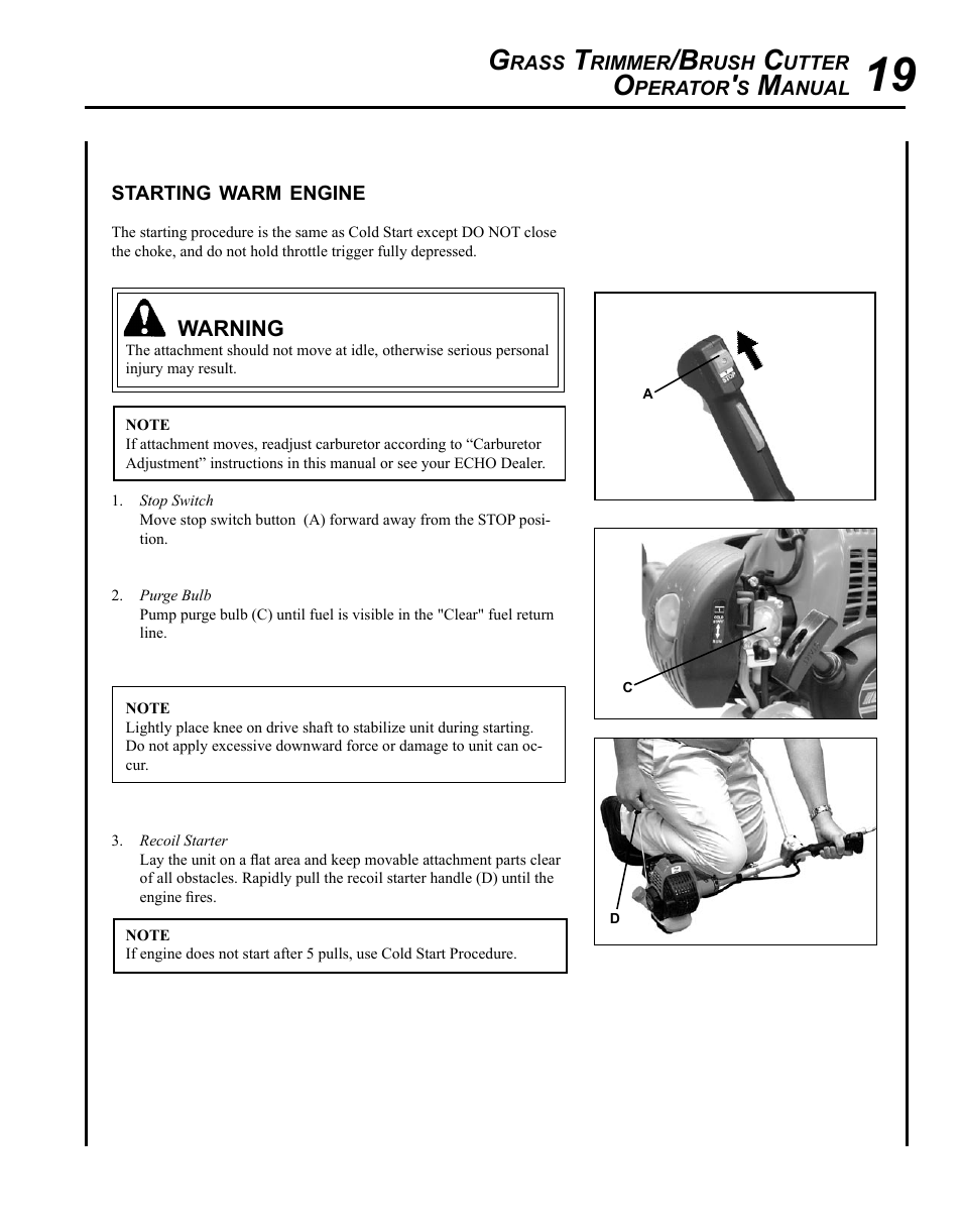 Starting warm engine | Echo SRM - 265U User Manual | Page 19 / 36