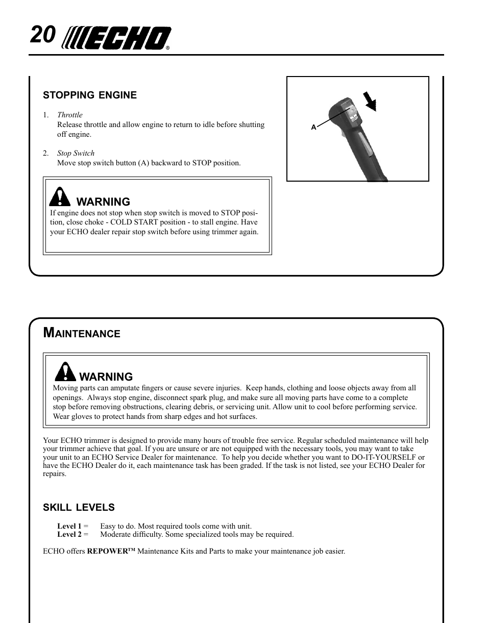 Stopping engine, Maintenance, Warning | Echo SRM - 265U User Manual | Page 20 / 36