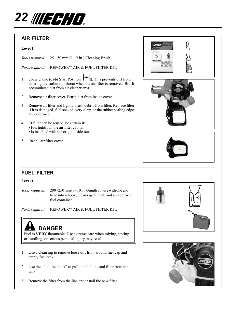 Air filter, Fuel filter, Danger | Echo SRM - 265U User Manual | Page 22 / 36