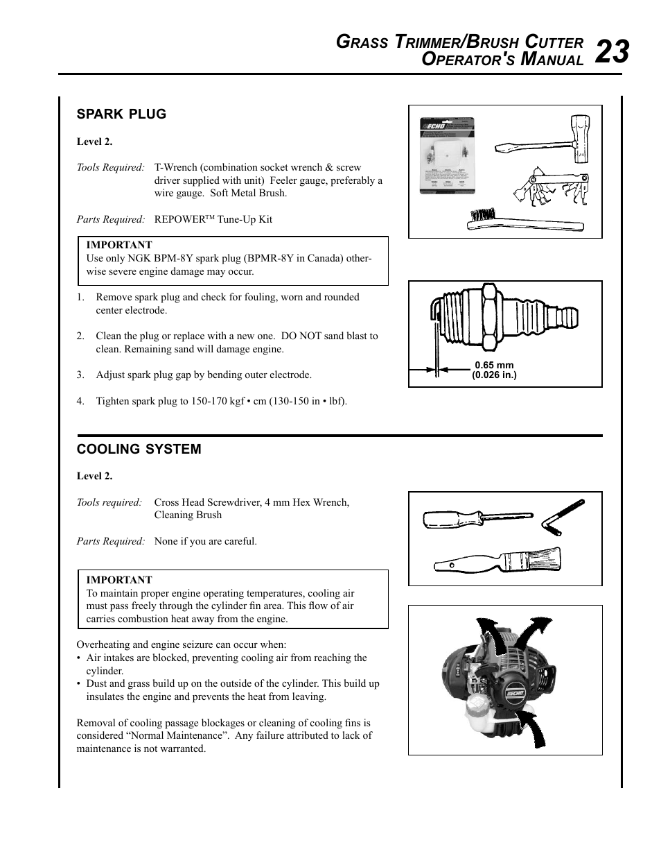 Spark plug, Cooling system | Echo SRM - 265U User Manual | Page 23 / 36
