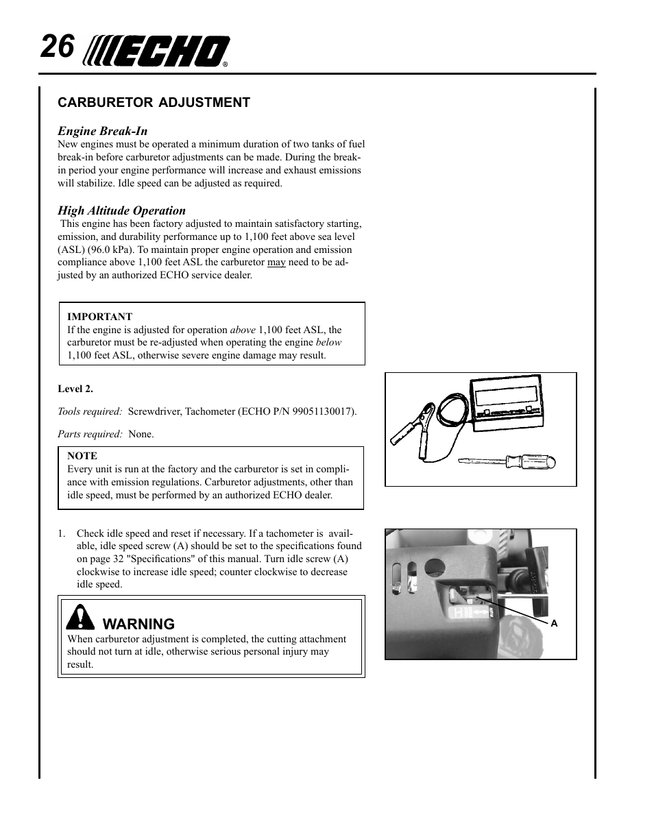 Carburetor adjustment, Warning | Echo SRM - 265U User Manual | Page 26 / 36