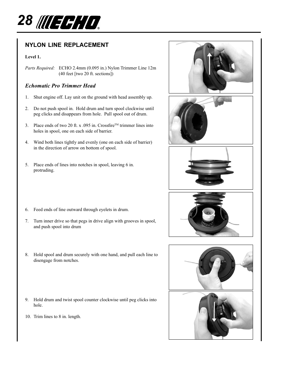 Nylon line replacement | Echo SRM - 265U User Manual | Page 28 / 36