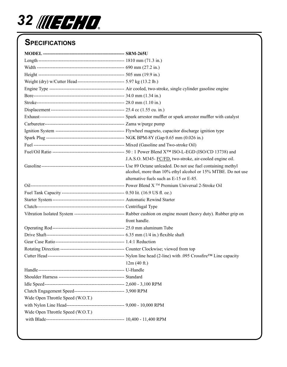 Specifications | Echo SRM - 265U User Manual | Page 32 / 36