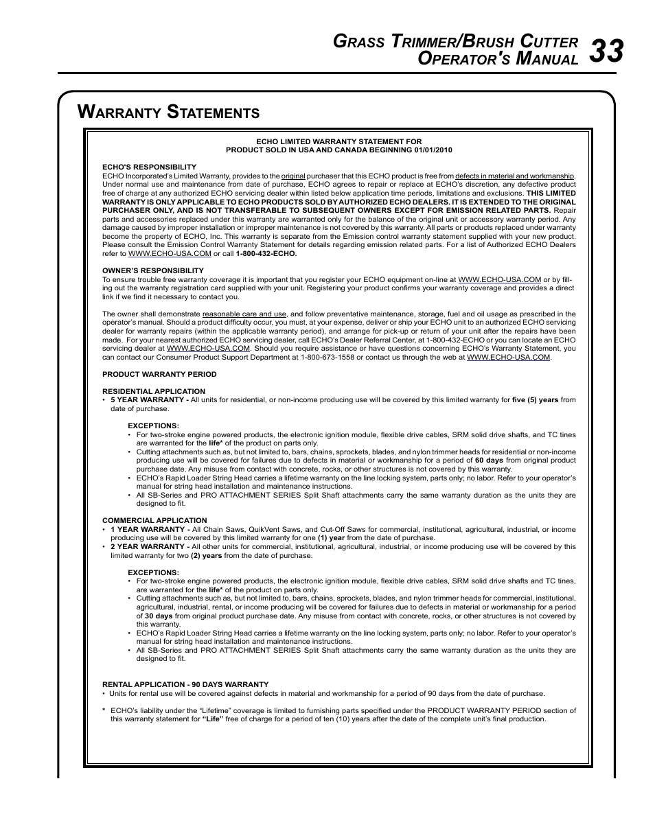 Warranty statements, Rass, Rimmer | Rush, Utter, Perator, Anual, Arranty, Tatements | Echo SRM - 265U User Manual | Page 33 / 36