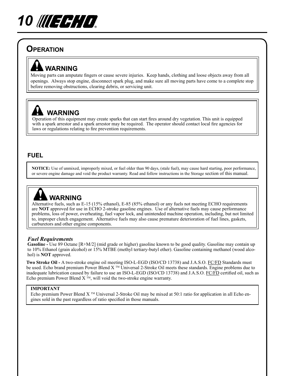 Operation, Fuel, Warning | Echo HC-235 User Manual | Page 10 / 32