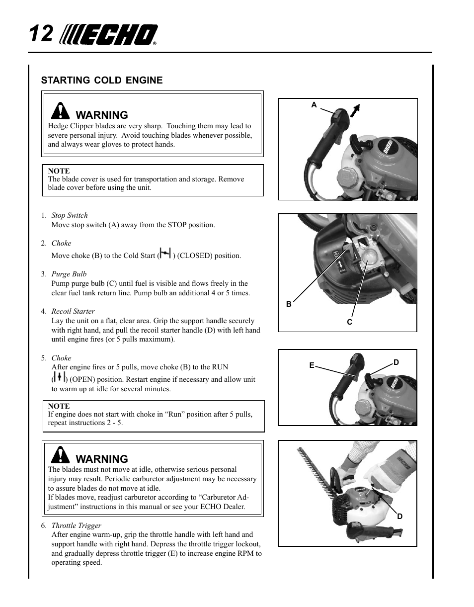 Starting cold engine, Warning | Echo HC-235 User Manual | Page 12 / 32