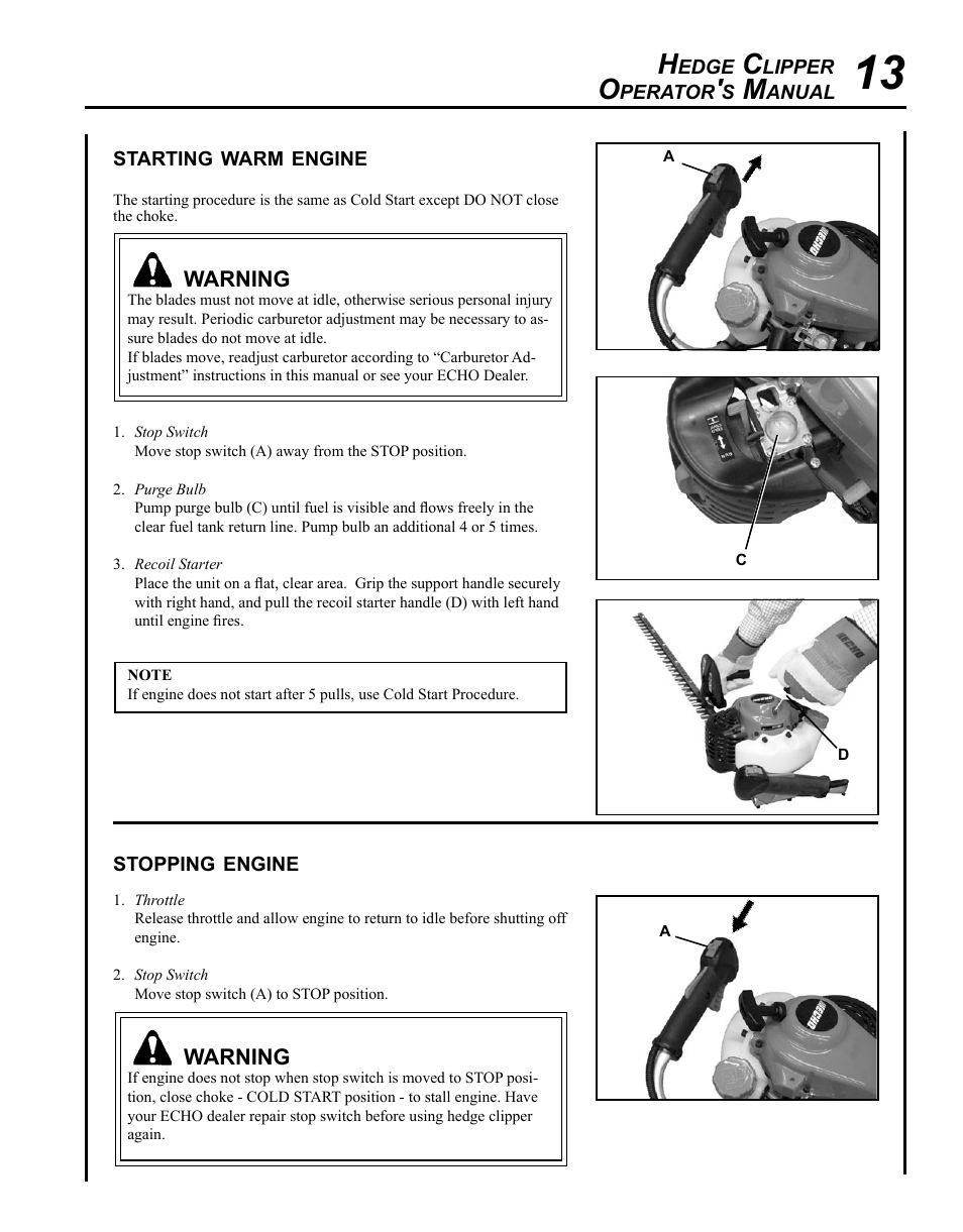 Starting warm engine, Stopping engine | Echo HC-235 User Manual | Page 13 / 32