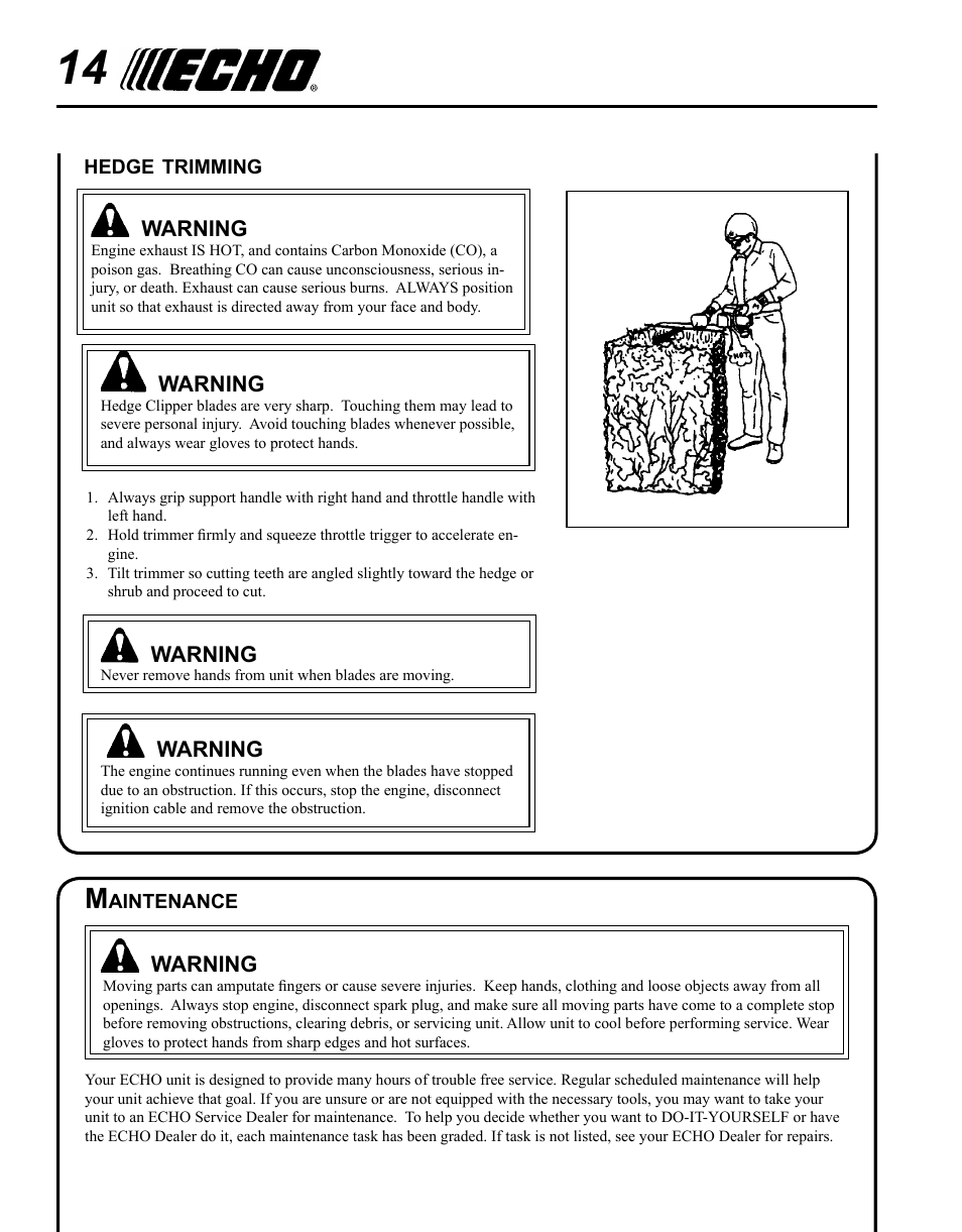 Hedge trimming, Maintenance | Echo HC-235 User Manual | Page 14 / 32