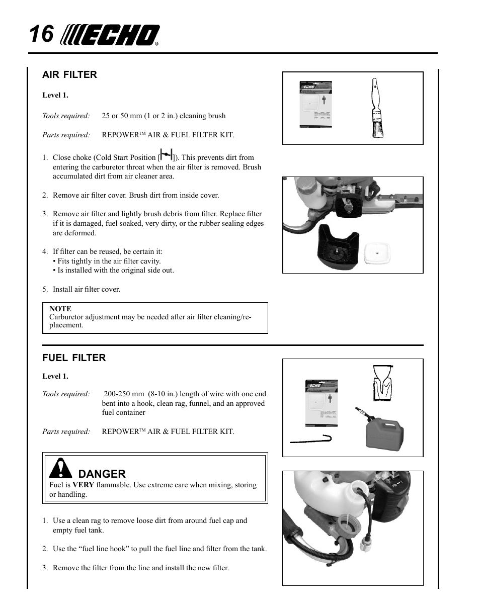 Air filter, Fuel filter, Danger | Echo HC-235 User Manual | Page 16 / 32