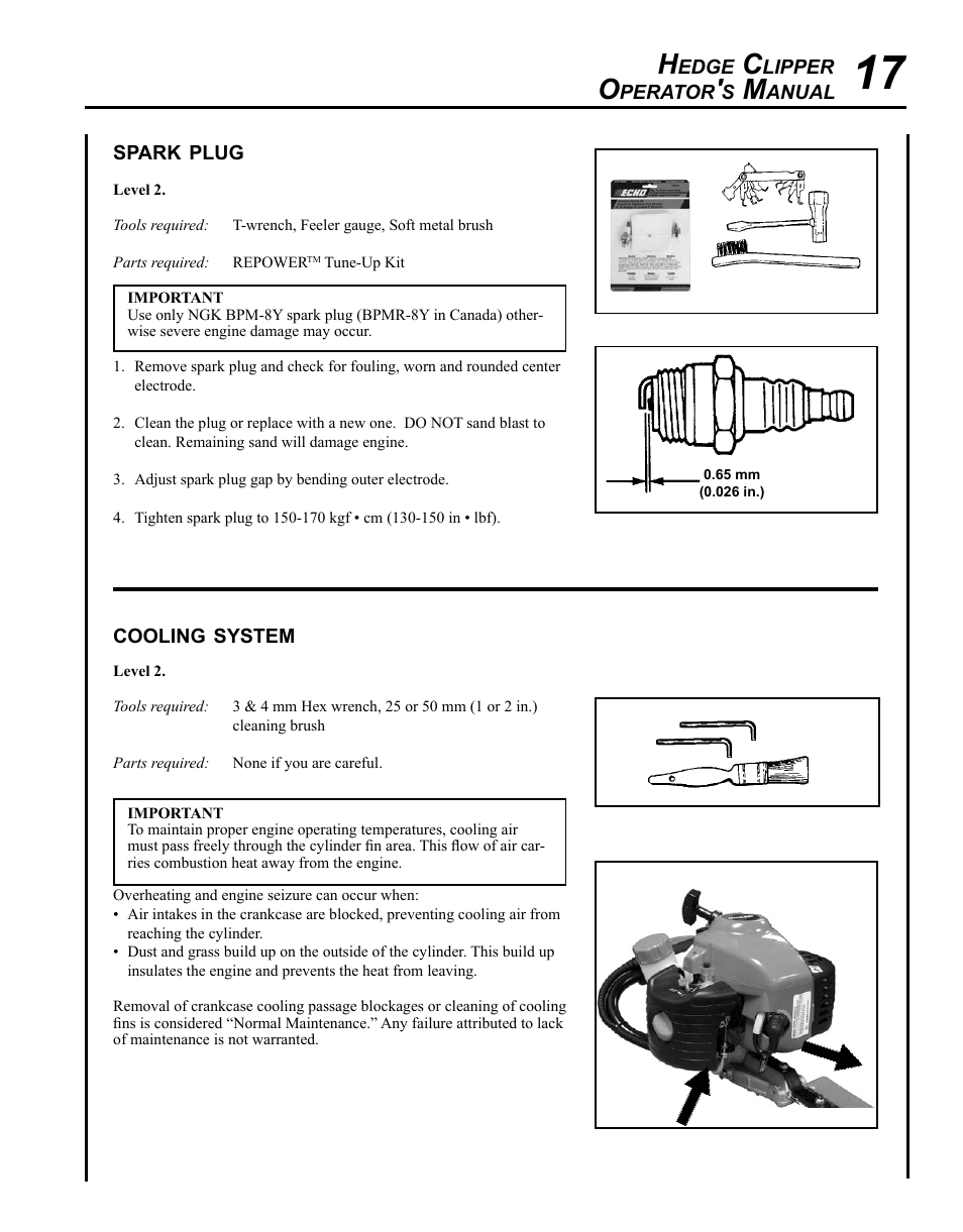 Spark plug, Cooling system | Echo HC-235 User Manual | Page 17 / 32