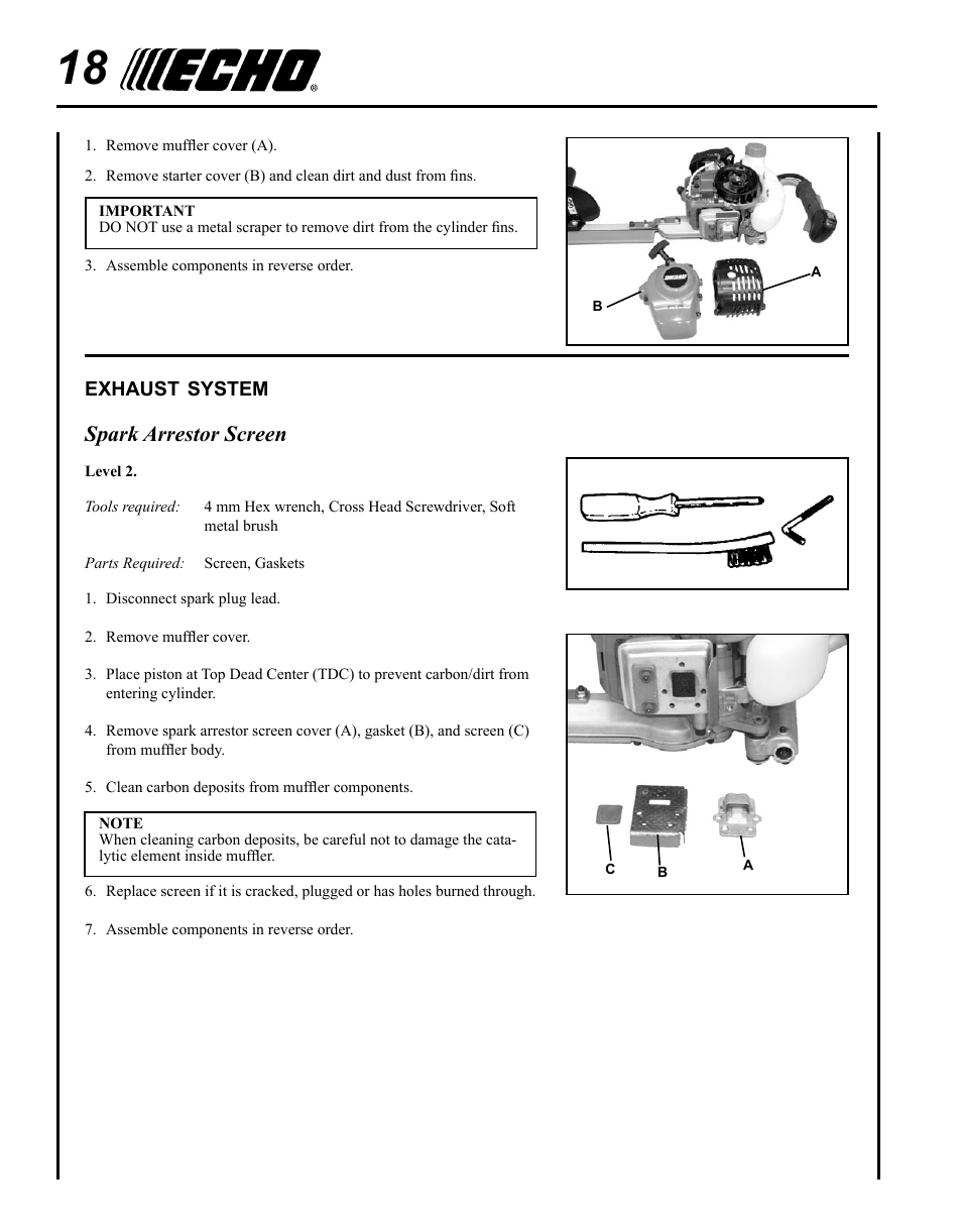 Exhaust system, Spark arrestor screen | Echo HC-235 User Manual | Page 18 / 32