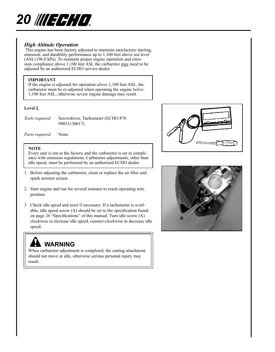 Warning | Echo HC-235 User Manual | Page 20 / 32