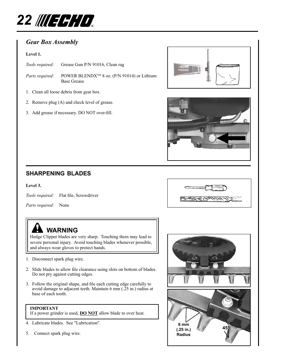 Sharpening blades, Warning, Gear box assembly | Echo HC-235 User Manual | Page 22 / 32