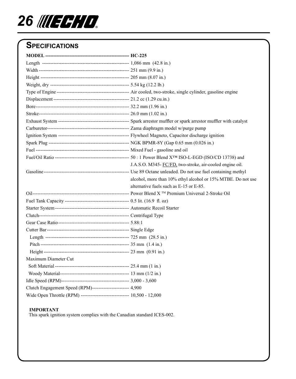 Specifications | Echo HC-235 User Manual | Page 26 / 32
