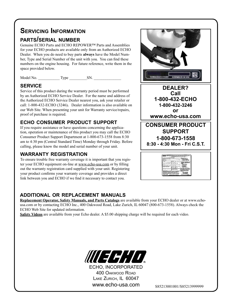 Servicing information | Echo HC-235 User Manual | Page 32 / 32