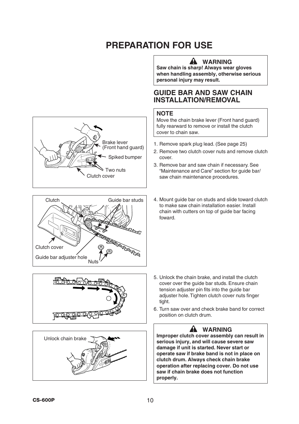 Preparation for use, Guide bar and saw chain installation/removal | Echo CS-600P User Manual | Page 12 / 32