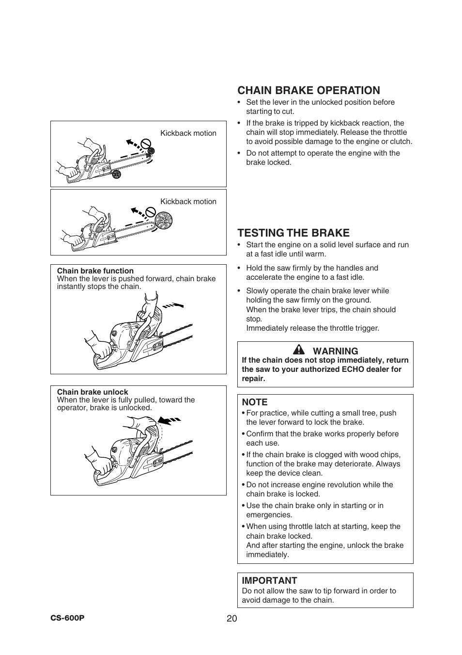 Chain brake operation, Testing the brake | Echo CS-600P User Manual | Page 22 / 32
