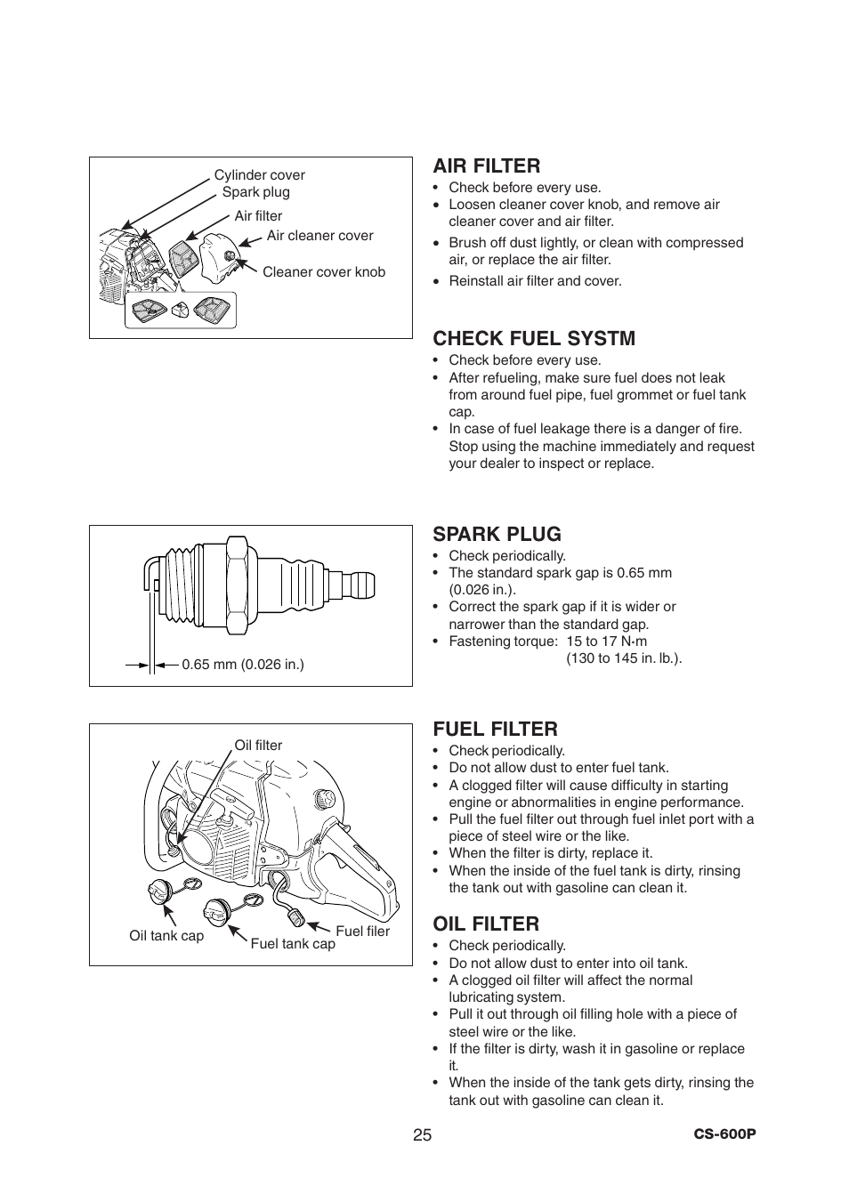 Air filter, Check fuel systm, Spark plug | Fuel filter, Oil filter | Echo CS-600P User Manual | Page 27 / 32