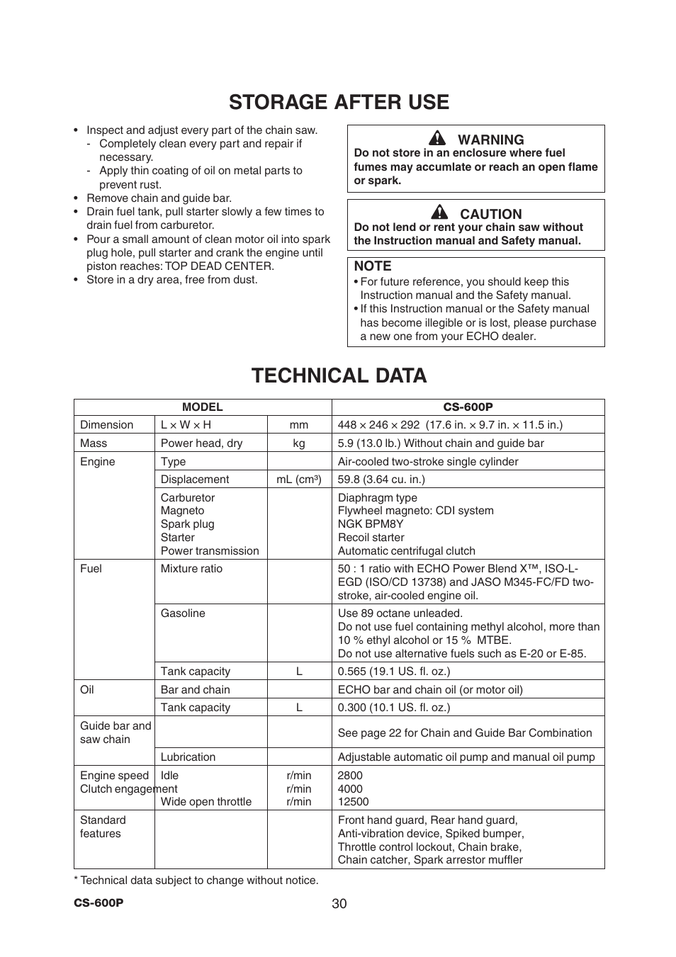 Storage after use, Technical data | Echo CS-600P User Manual | Page 32 / 32
