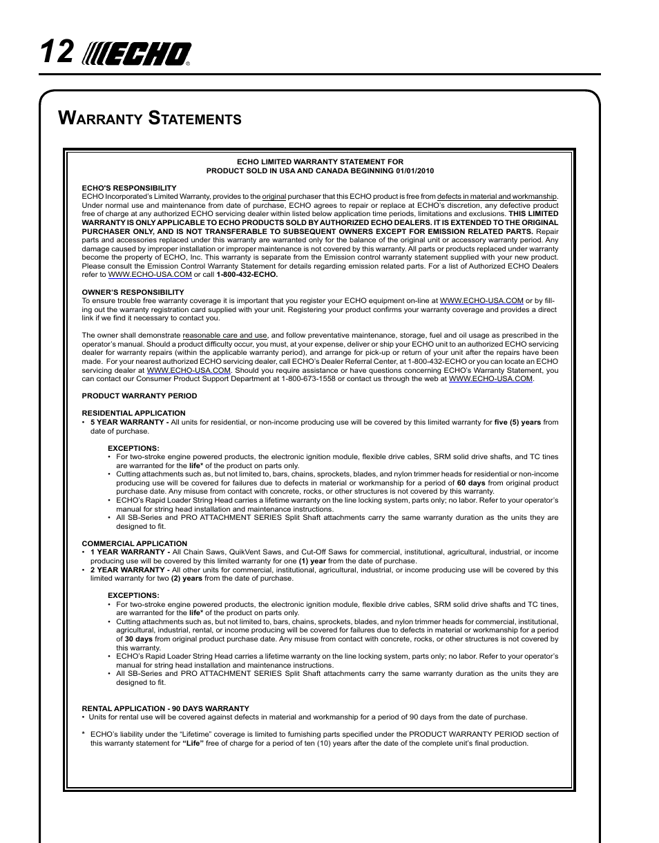 Arranty, Tatements | Echo 99944200610 User Manual | Page 12 / 16