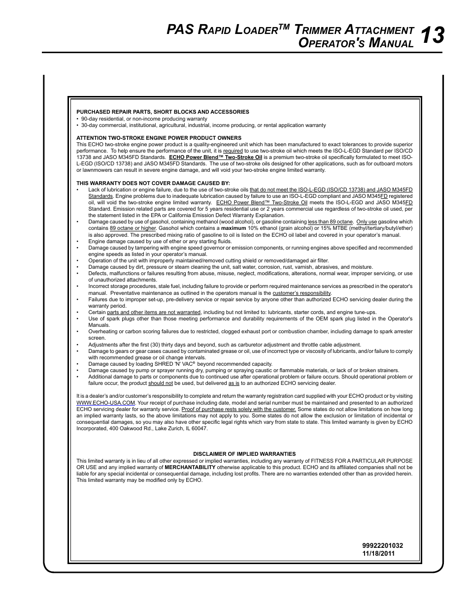 Pas r, Apid, Oader | Rimmer, Ttachment, Perator, Anual | Echo 99944200610 User Manual | Page 13 / 16