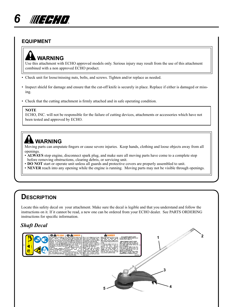 Warning, Shaft decal | Echo 99944200610 User Manual | Page 6 / 16