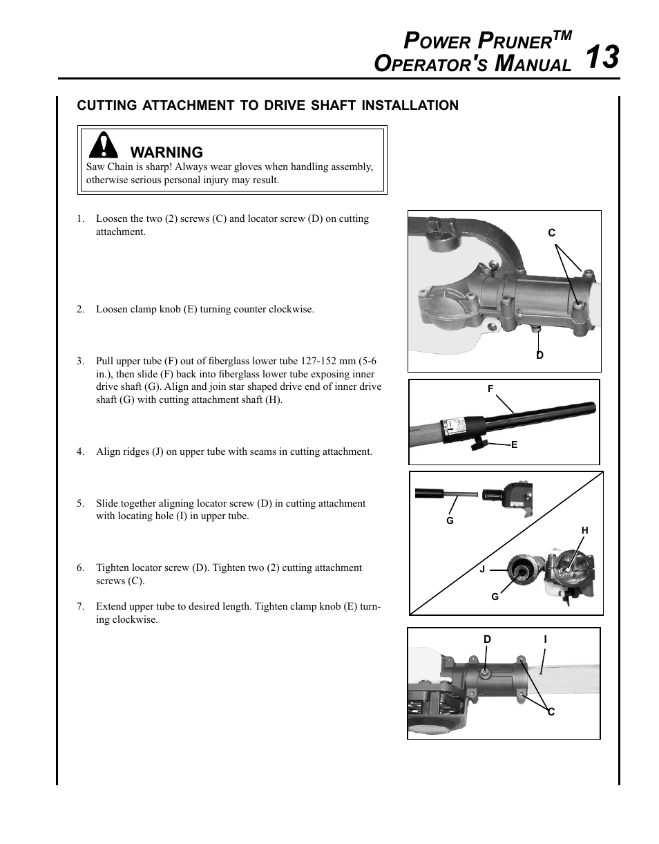Cutting attachment to drive shaft installation, Ower, Runer | Perator, Anual | Echo PPT-265S User Manual | Page 13 / 36