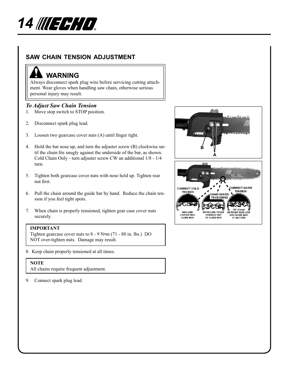 Saw chain tension adjustment | Echo PPT-265S User Manual | Page 14 / 36