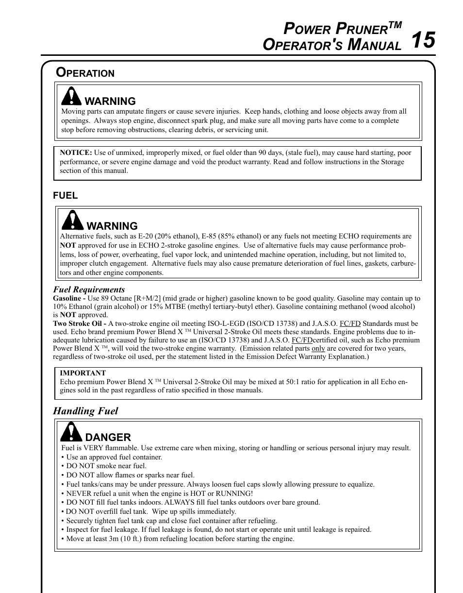 Operation, Fuel, Ower | Runer, Perator, Anual | Echo PPT-265S User Manual | Page 15 / 36