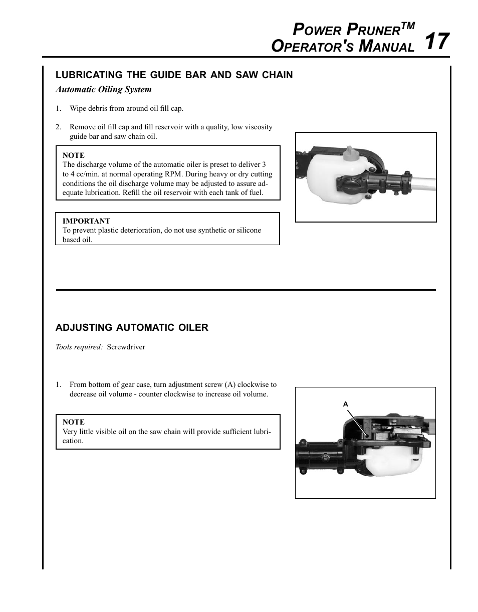 Lubricating the guide bar and saw chain, Adjusting automatic oiler | Echo PPT-265S User Manual | Page 17 / 36