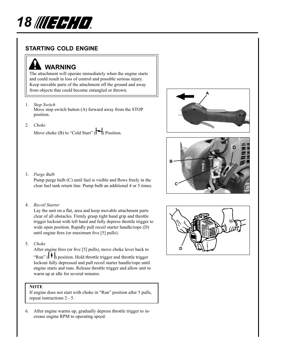 Starting cold engine, Warning | Echo PPT-265S User Manual | Page 18 / 36