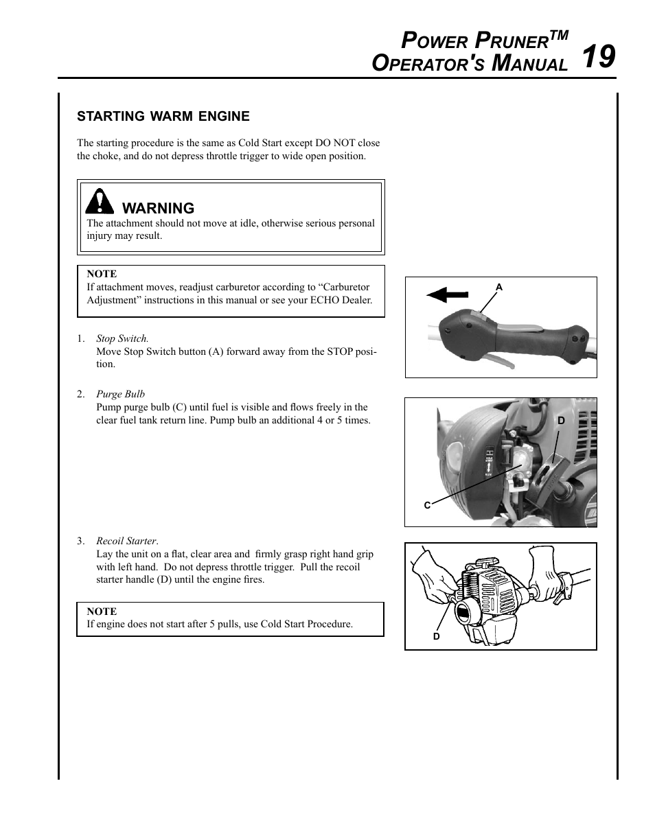 Starting warm engine, Ower, Runer | Perator, Anual | Echo PPT-265S User Manual | Page 19 / 36