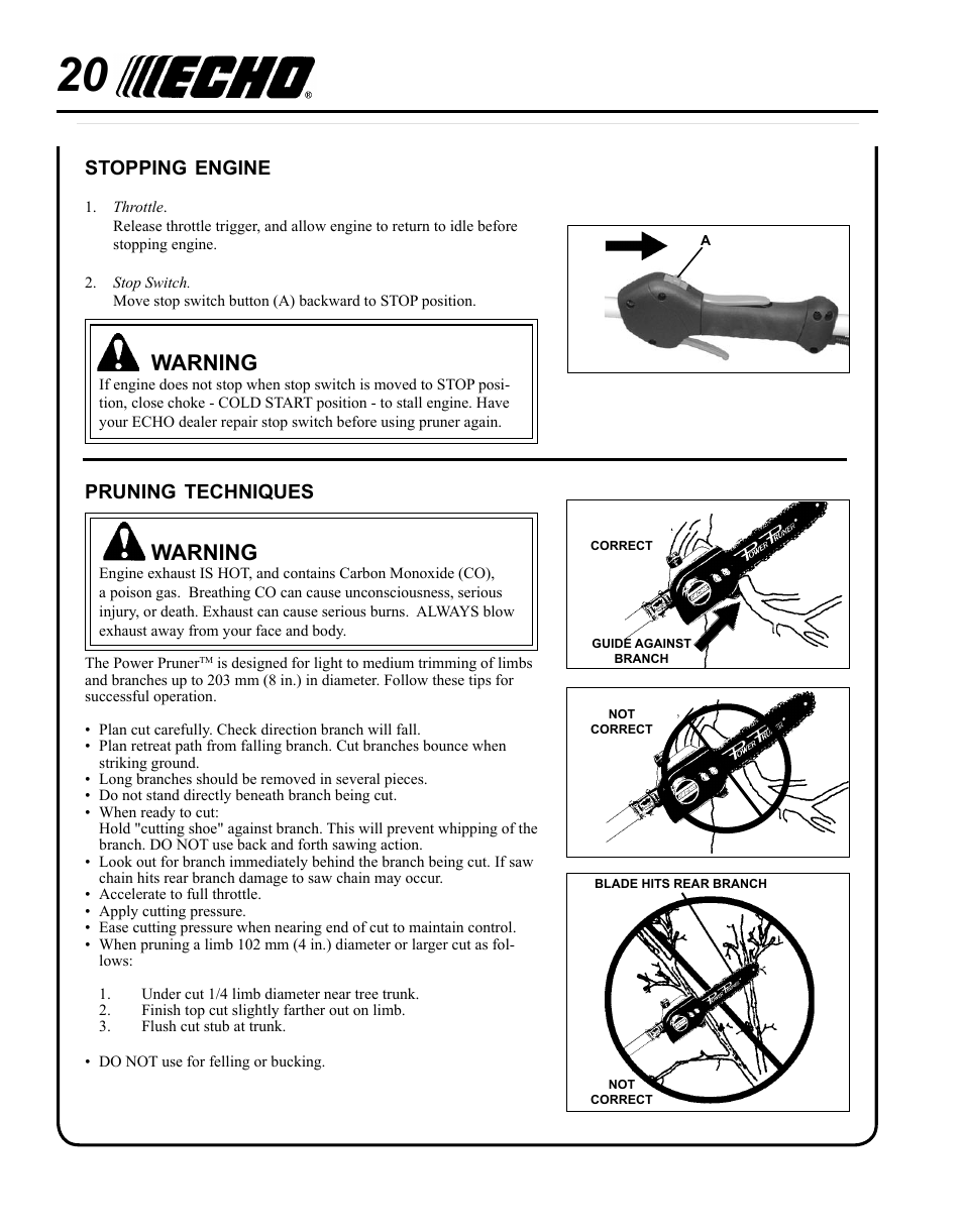 Stopping engine, Pruning techniques, Warning | Echo PPT-265S User Manual | Page 20 / 36