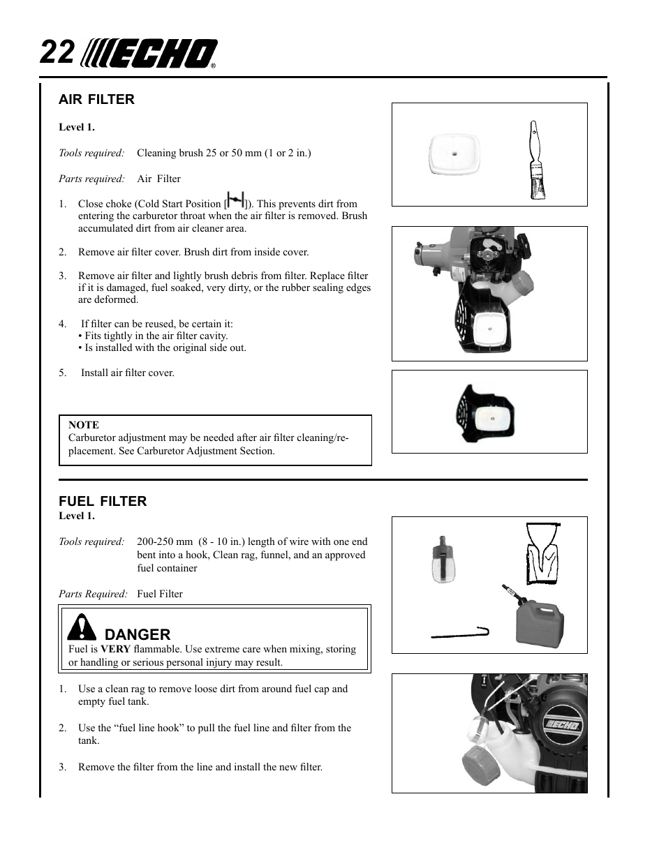 Air filter, Fuel filter, Danger | Echo PPT-265S User Manual | Page 22 / 36