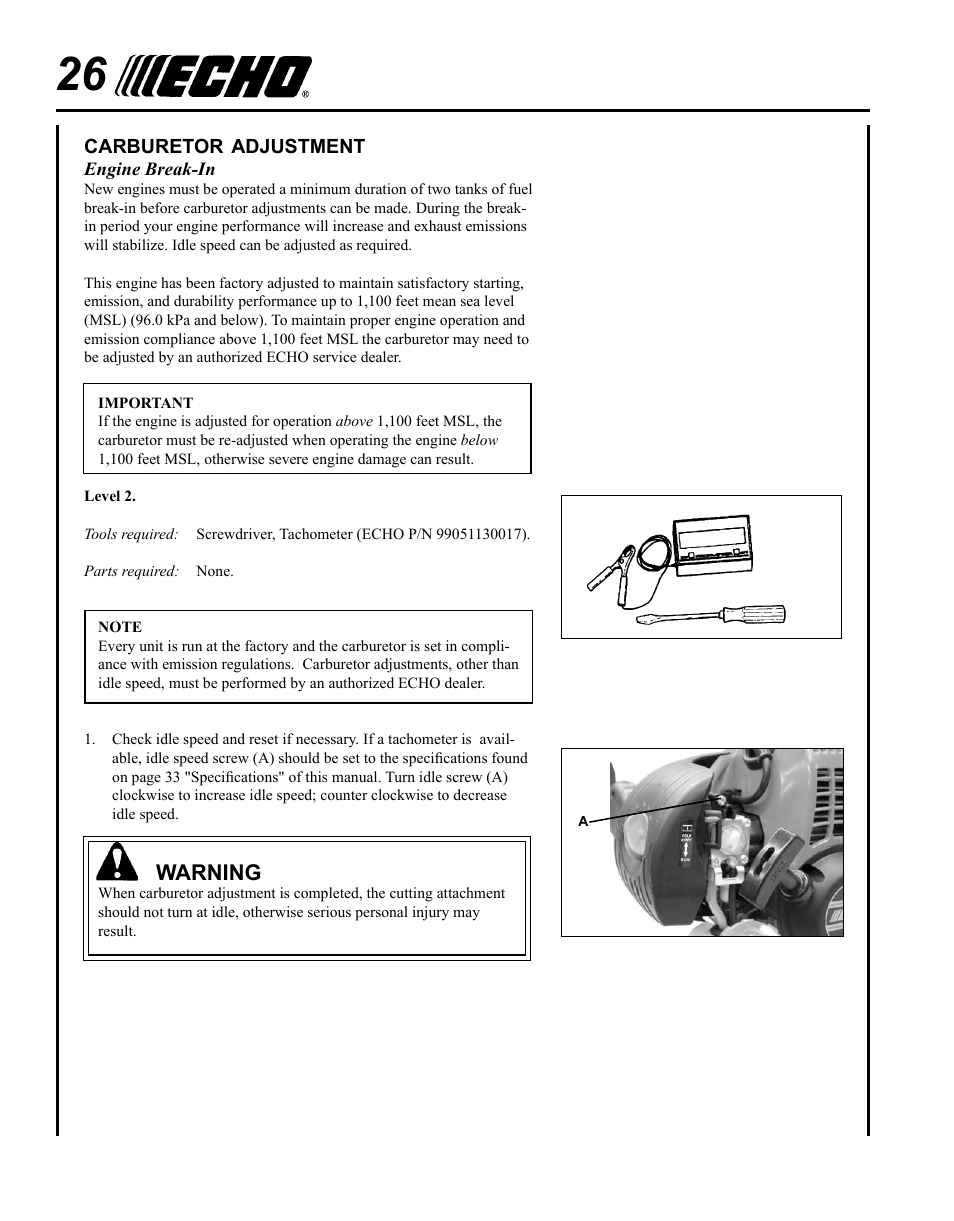 Carburetor adjustment, Warning | Echo PPT-265S User Manual | Page 26 / 36