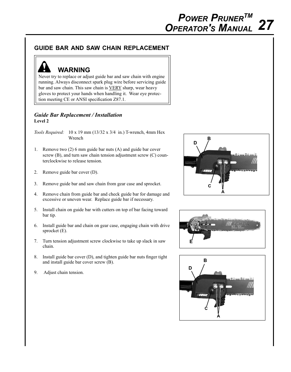 Guide bar and saw chain replacement, Ower, Runer | Perator, Anual | Echo PPT-265S User Manual | Page 27 / 36