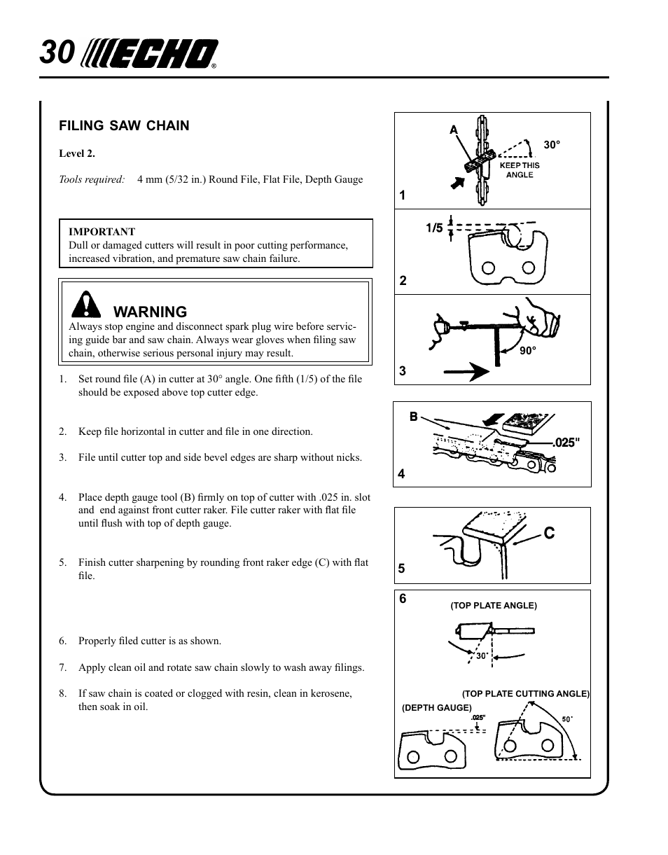 Filing saw chain, Warning | Echo PPT-265S User Manual | Page 30 / 36