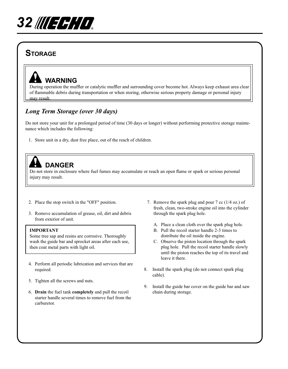 Storage, Warning, Long term storage (over 30 days) | Danger | Echo PPT-265S User Manual | Page 32 / 36